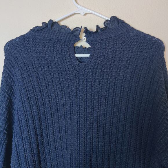 Lilla P Ruffle Eyelet Collar Stretchy Knit Cotton Sweater XS Navy Blue Preppy - Picture 5 of 10